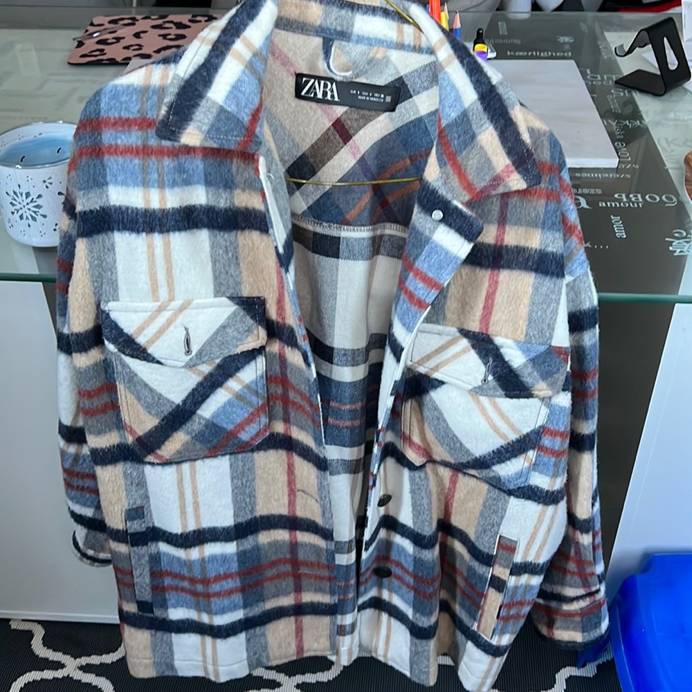 Zara Plaid Teddy Jacket in Cream, Navy & Rust